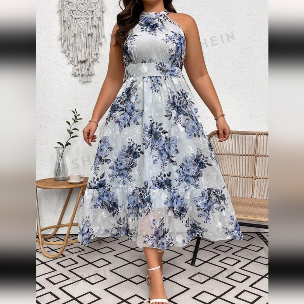 NWT Blue Floral Print Sleeveless Halterneck Dress | Size 2XL